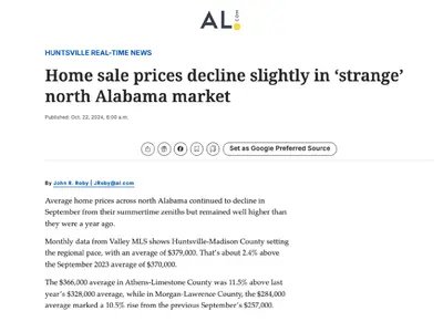 North Alabama home prices continued to ease from their summer highs in September but remained above last year’s levels across Huntsville, Athens, and Morgan-Lawrence counties. Steady sales, lower prices, and increased inventory are creating more opportuni